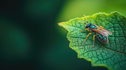 Naklejka premium close-up macro of wasp on green leaf