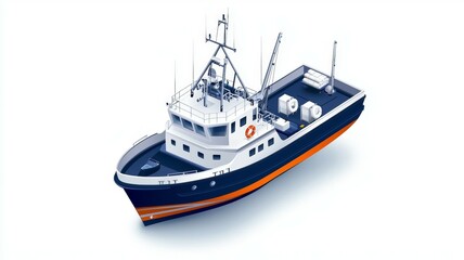 Fototapeta premium A large blue and orange boat is shown on a white background