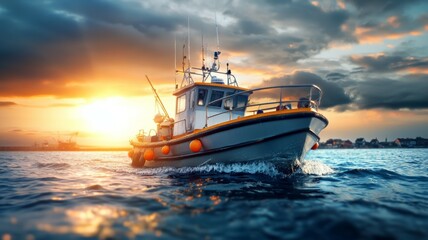 Fototapeta premium A boat is sailing in the ocean with the sun setting in the background