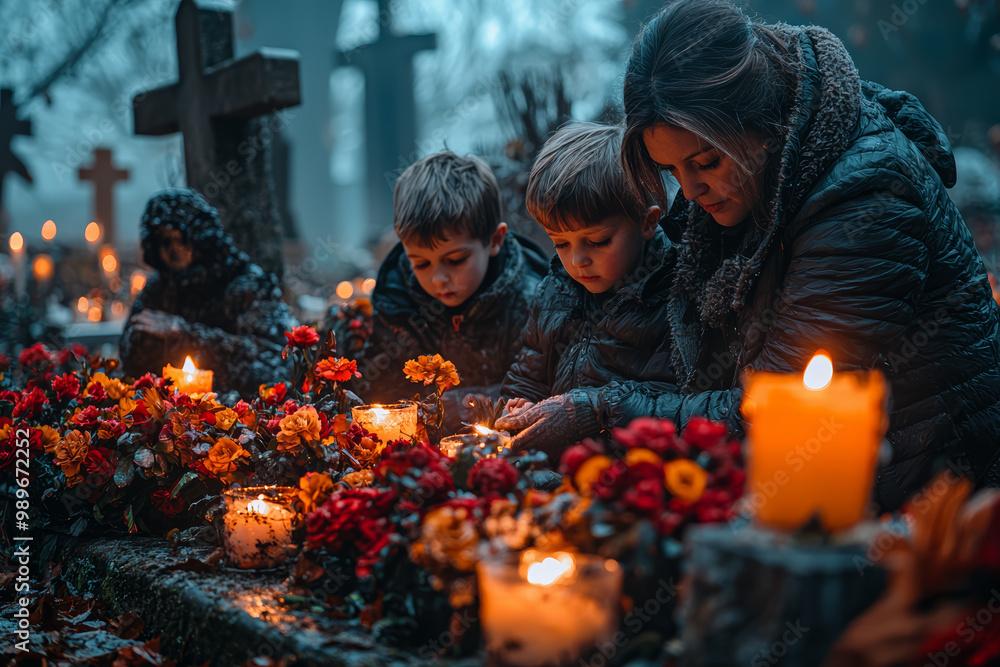 Poster A family placing flowers and lighting candles at a grave, with children helping to carry on the traditions of All Saints' Day.