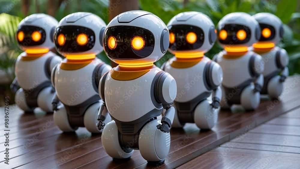 Poster cute humanoid robots lined up in a garden setting with glowing eyes generative ai
