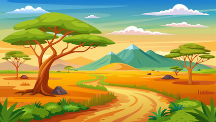 Savannah with acacia tree, green grass, bushes, road and mountains on horizon. Concept of travel, safari trip. Vector cartoon illustration of african savanna landscape