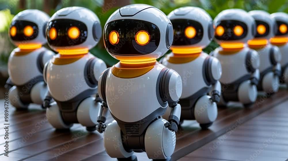 Poster robots lined up in a futuristic setting showcasing advanced technology generative ai