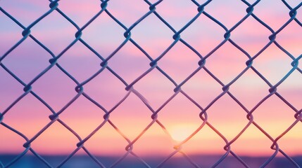 Fototapeta premium Serene Sunset Silhouette: Chain-link Fence in Pastel Sky