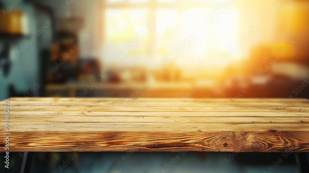 Poster a wooden table with a window in the background