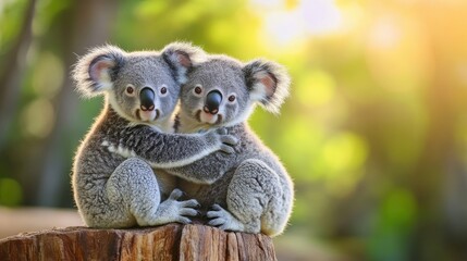 Cute two koala bears sitting on a tree branch in the forest