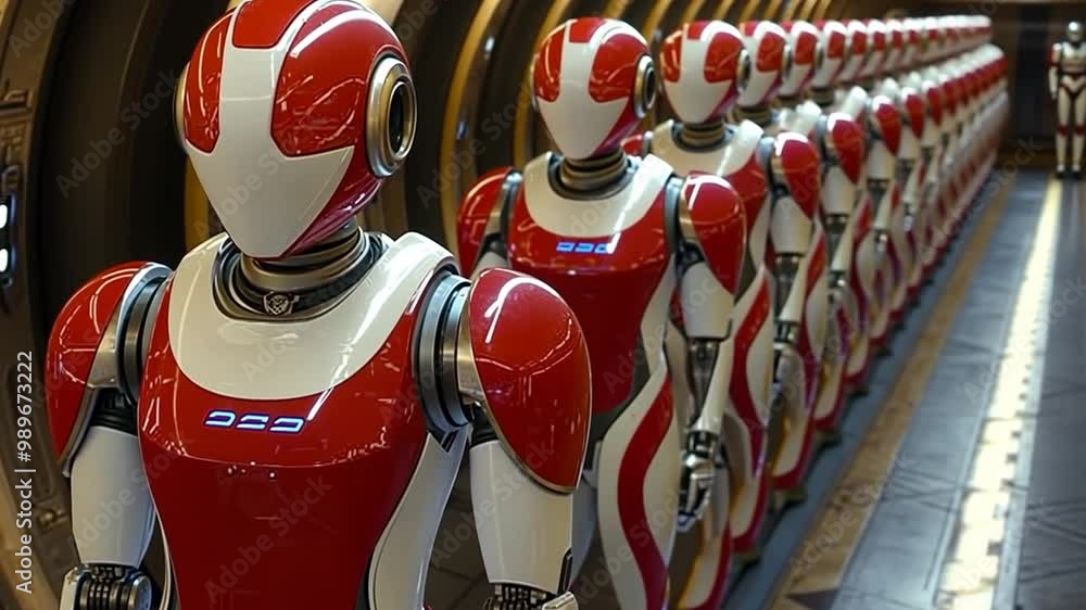Poster row of advanced robots in a futuristic facility during daytime generative ai