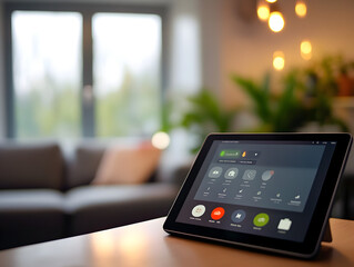 A smart home interface displayed on a tablet.


