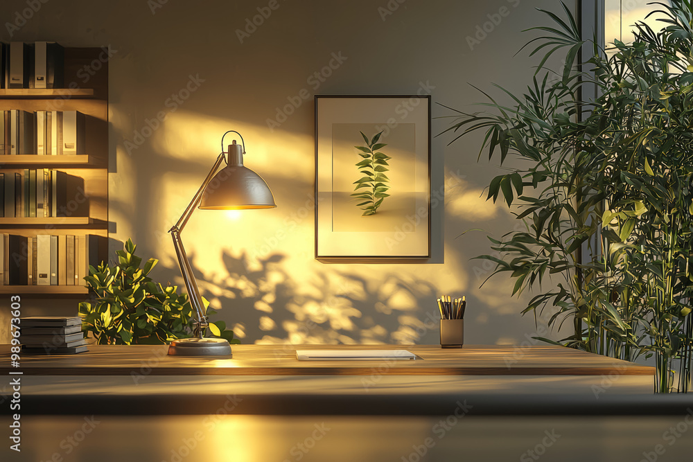 Poster an office space with a single, elegant lamp and a neatly organized desk, capturing the essence of mi