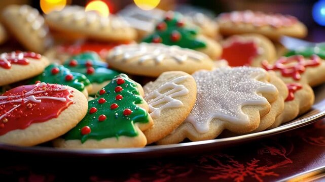Christmas sugar cookies decorated with red, green, and white frosting and sprinkles are laying on a plate. The cookies are in the shapes of christmas trees, snowflakes, and ornaments
