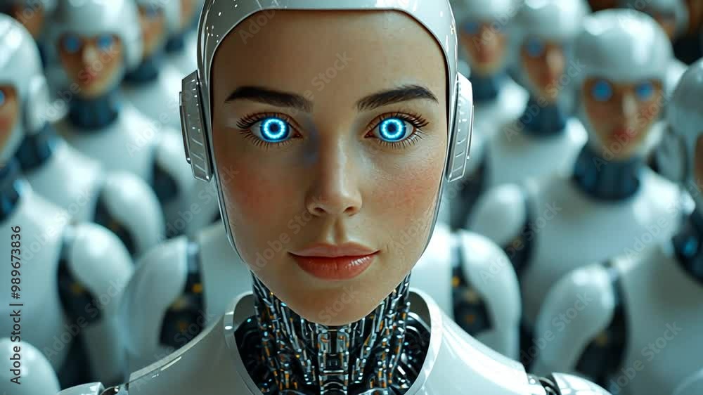 Poster humanoid robot in a futuristic scene generative ai