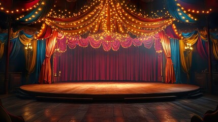 Colorful circus stage featuring vibrant lights and dramatic stage setup illustration