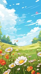 Fototapeta premium A Springtime Meadow with White Daisies and Orange Flowers