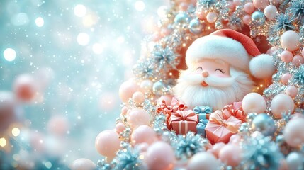 Obraz premium Festive Christmas backdrop featuring Santa Claus and a podium adorned with pastel gifts
