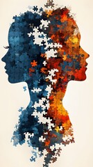 Silhouettes of two heads made of floating puzzle pieces, merging into each other, representing complex human emotions and mental connections