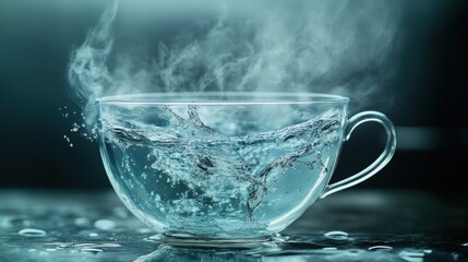 Steaming hot water in clear glass cup, dynamic splash and droplets
