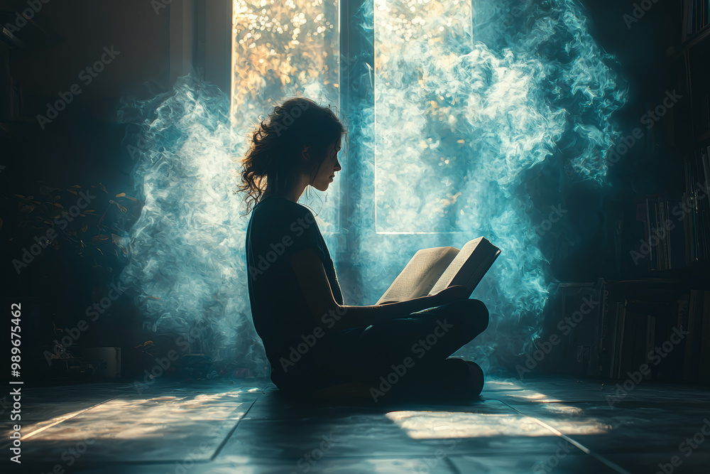 Poster a person sitting in a sunlit room with an open book, but the book's pages are filled with dark, swir