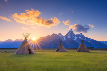 Three tipis stand in a grassy meadow with a stunning mountain backdrop, bathed in warm sunrise light