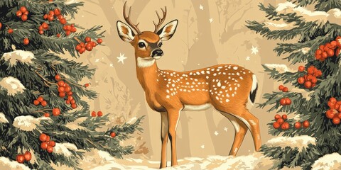 Deer Admiring a Golden Christmas Tree in a Snowy Winter Forest