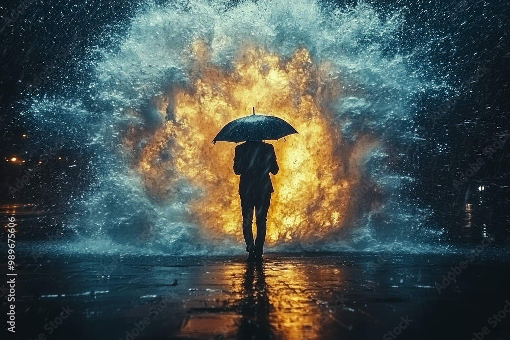 Poster a person holding an umbrella against a storm, while behind them, a wall of rain forms a mirror showi
