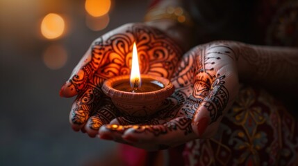A woman holding a lit candle in a gold bowl, happy diwali