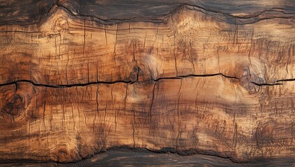 Naklejka premium A close-up of a cracked wooden surface, highlighting deep textures and natural grain patterns.