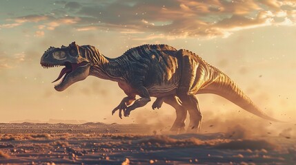 A Tyrannosaurus Rex Dinosaur Running Through a Desert at Sunset