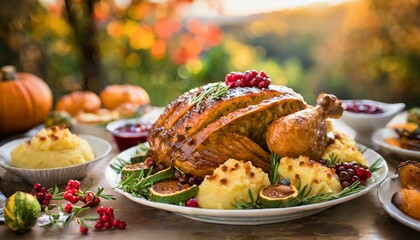 A bountiful Thanksgiving dinner features a golden roasted turkey, savory stuffing, cranberry sauce, and pumpkin pie, bringing family together to celebrate gratitude and warmth.
