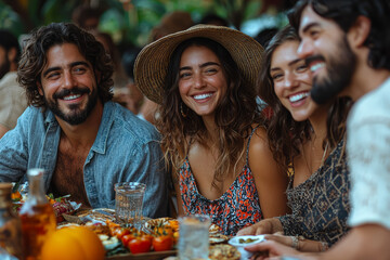 A group of diverse friends enjoying a picnic in a park, all laughing and sharing stories, reflecting friendship and relaxation.