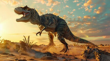 A Roaring Dinosaur in a Desert Landscape at Sunset