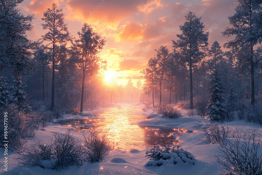 Poster a breathtaking view of a tranquil forest covered in a blanket of fresh snow, with sunlight filtering