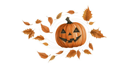 Smiling jack o lantern with autumn leaves transparent background