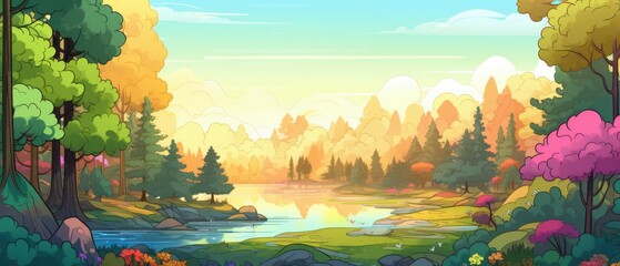 Tranquil Forest River Scene with Lush Greenery and Vibrant Colors