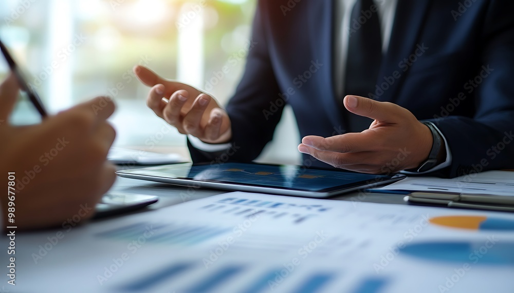 Poster Close-Up of Manager's Hands Gesturing Over Tablet Displaying Financial Report