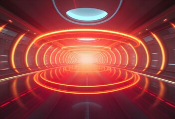 Fototapeta premium Futuristic Red Tunnel with Glowing Lights and Circular Patterns