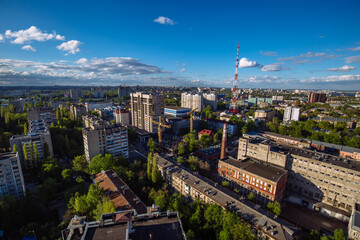 Evening summer Voronezh cityscape, aerial view