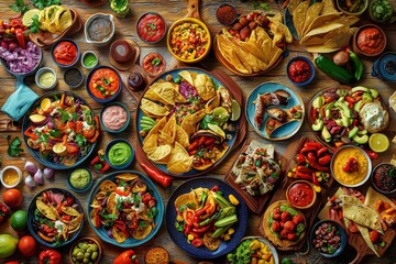 Fototapeta premium A vibrant spread of delicious Mexican dishes featuring colorful tacos, salsa, guacamole, and fresh veggies.