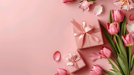 Pink Tulips and Gift Boxes on Soft Pink Background