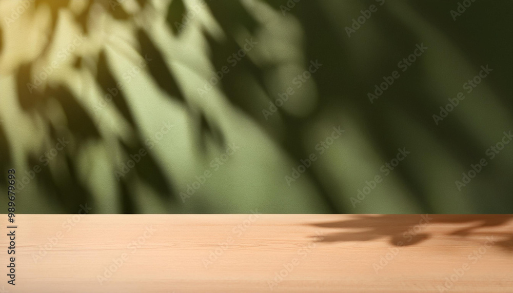 Aufkleber empty table and darkgreen wall. table with sun reflections and leaves shadows on beige wall. backgro