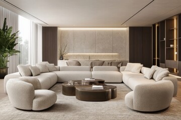 Stylish modern living room featuring a spacious, circular plush sofa in a neutral color scheme.