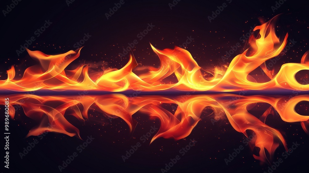 Poster abstract and minimalist vector flames with reflective effect on dark background