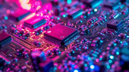 Fototapeta premium Close-up of a circuit board with vibrant pink and blue lighting, showcasing the intricate details of modern technology.