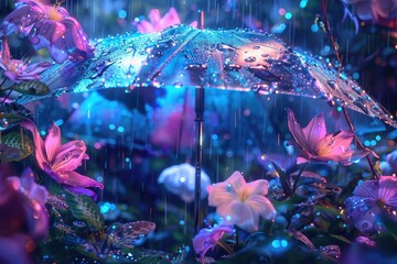 Fototapeta premium Enchanting autumn rainfall: artistic umbrella amidst vibrant flowers in glistening evening scene. AI