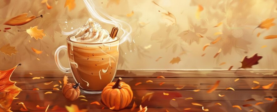 Cozy autumn scene with a pumpkin spice latte and falling leaves. AI