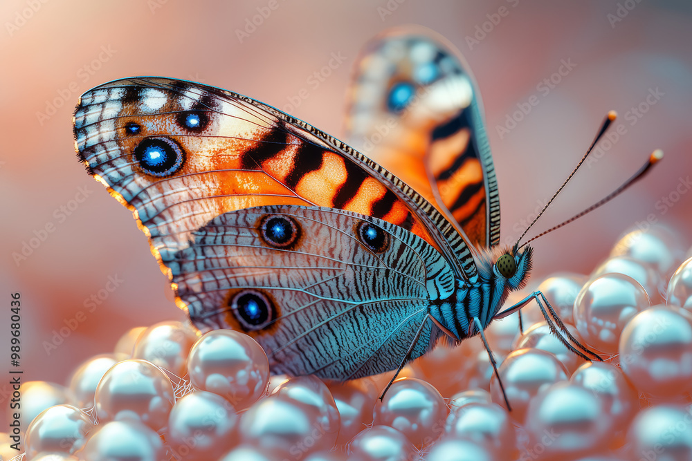 Poster a spider web made of strings of pearls, with a butterfly caught in it, symbolizing the entrapment of