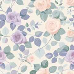 Elegant floral seamless pattern with pastel roses and leaves for textile design. AI