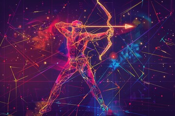 Cosmic sagittarius archer with neon constellation in the night sky - astrological art concept. AI