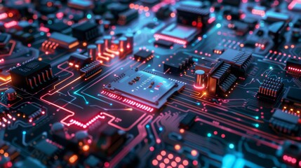 Obraz premium A close-up view of a circuit board with glowing red and blue lights. The intricate details of the motherboard are visible, showcasing the complexity of modern technology.