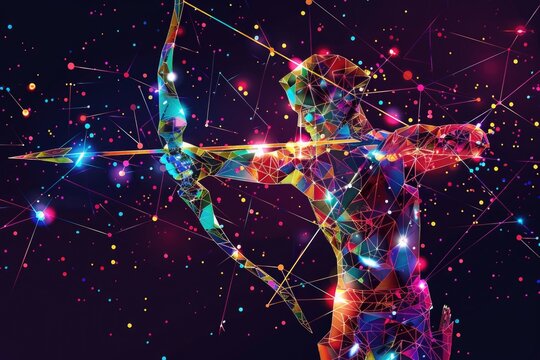 Vibrant sagittarius zodiac representation with abstract geometric patterns. AI