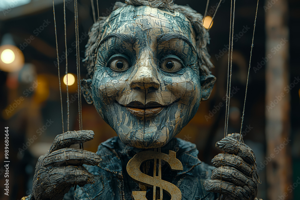 Poster a puppet with strings connected not to a puppeteer, but to a dollar sign, symbolizing the control of